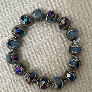 Glass Neon Blue Stirling Silver Beaded Stretchy Bracelet
